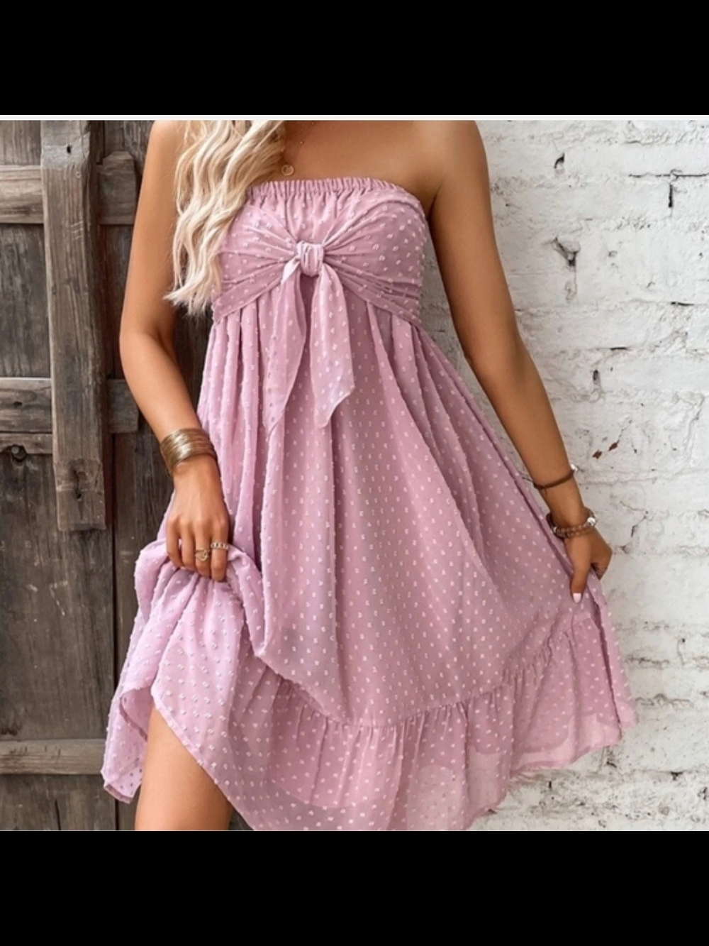 Strapless Dusty Mauve Swiss Dot Tie-Front Sundress